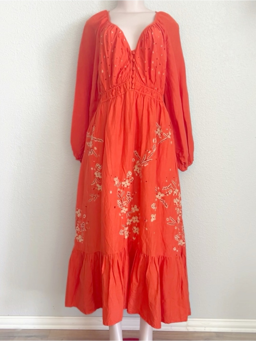 By Anthropologie Boho vEmbroidered V-Neck Maxi Dress Linen Blend Large NWOT